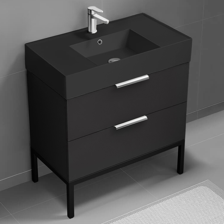 Bathroom Vanity Modern Black Bathroom Vanity, 32 Inch, Chrome Handles, Free Standing Nameeks DERIN381